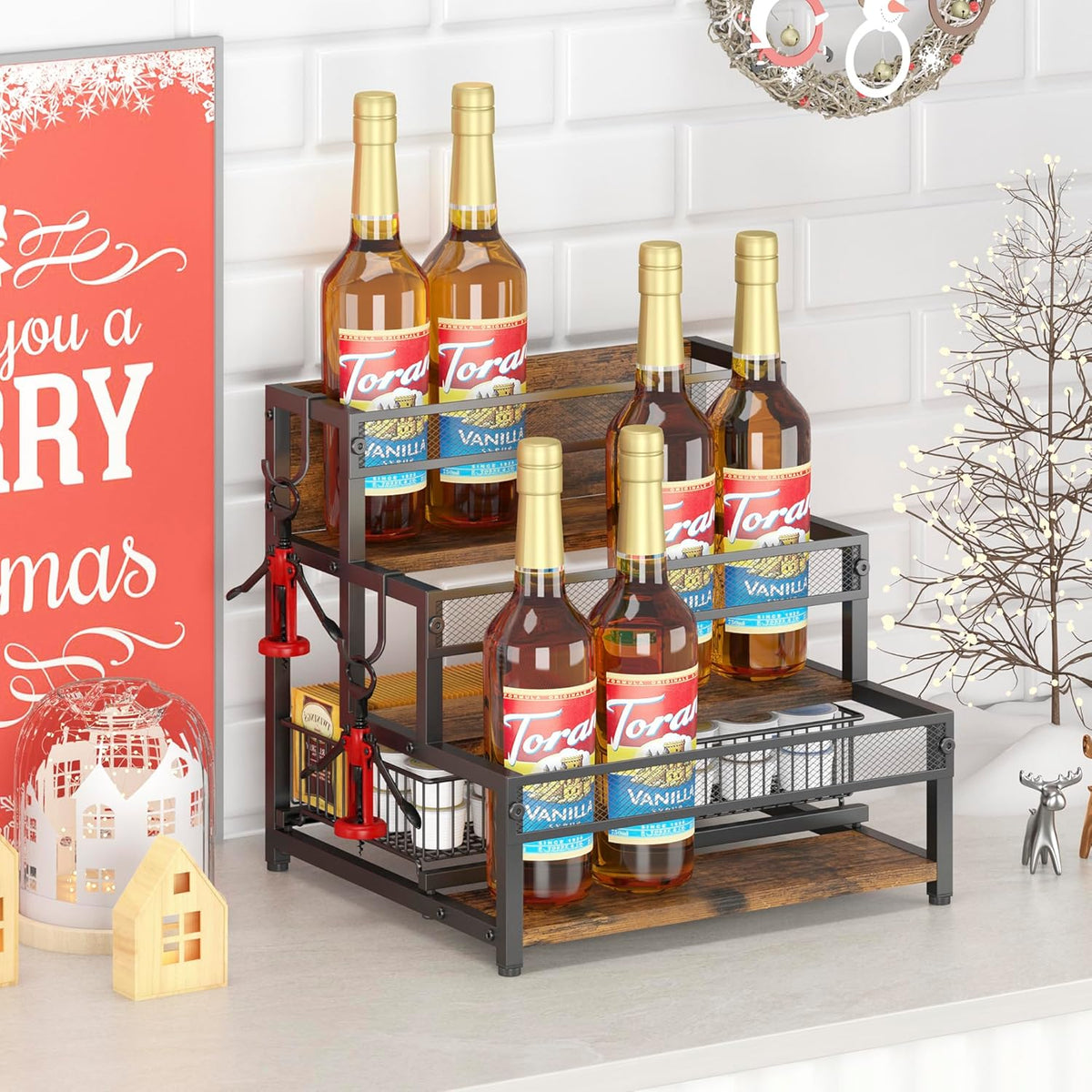 3 Tier Coffee Syrup Rack Organizer, 12 Water Bottles Holder Stand Liquor Cabinet Storage, Wine Rack Countertop Storage Rack Coffee Bar Cabinet for Kitchen