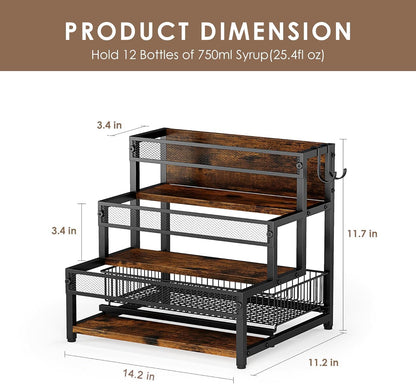 3 Tier Coffee Syrup Rack Organizer, 12 Water Bottles Holder Stand Liquor Cabinet Storage, Wine Rack Countertop Storage Rack Coffee Bar Cabinet for Kitchen