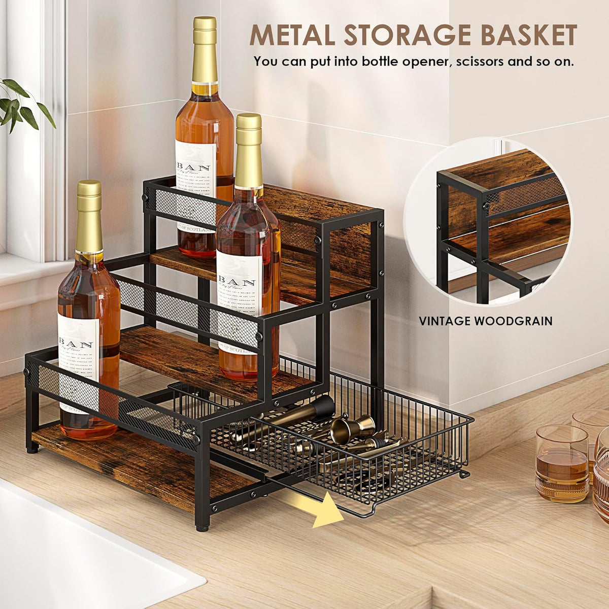 3 Tier Coffee Syrup Rack Organizer, 12 Water Bottles Holder Stand Liquor Cabinet Storage, Wine Rack Countertop Storage Rack Coffee Bar Cabinet for Kitchen