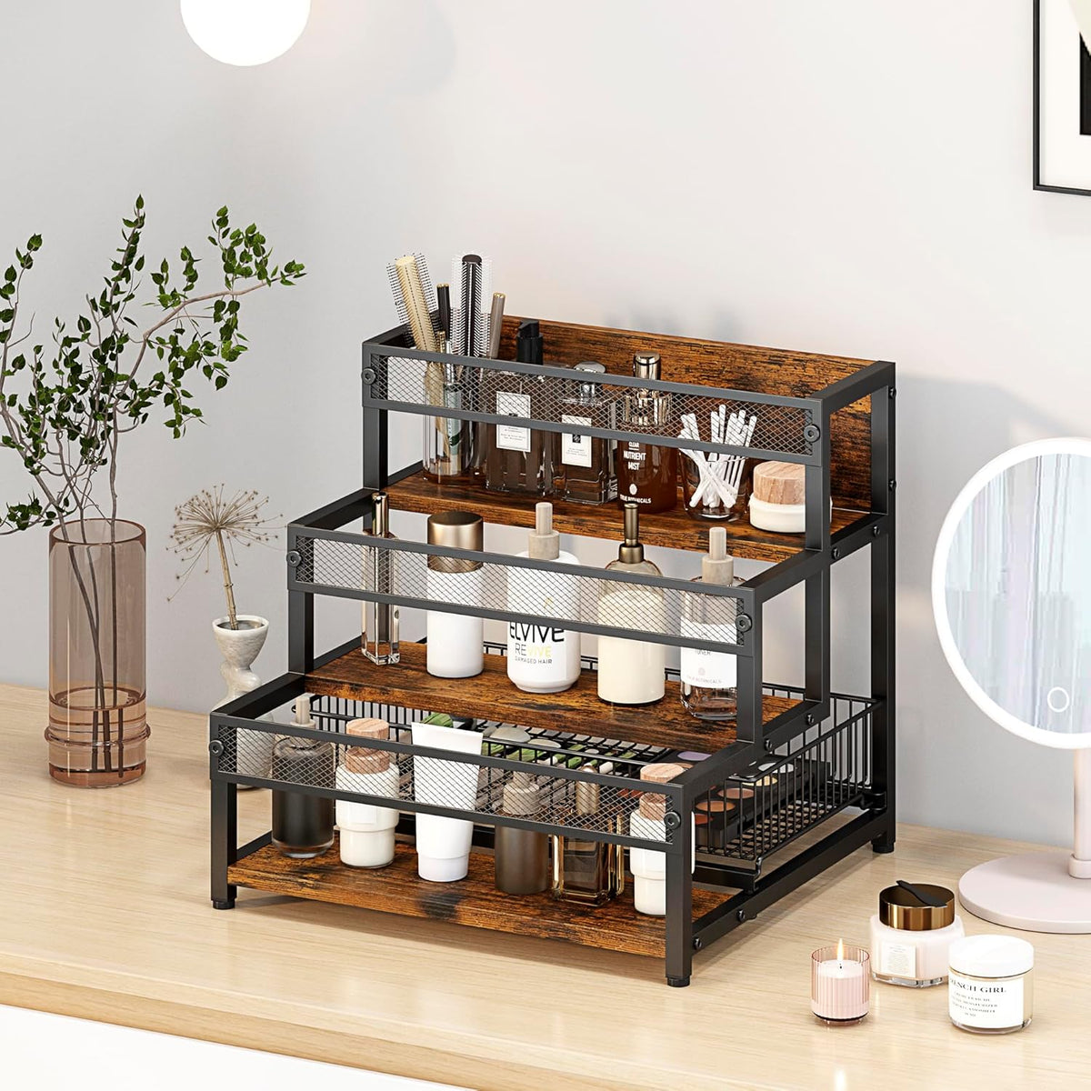 3 Tier Coffee Syrup Rack Organizer, 12 Water Bottles Holder Stand Liquor Cabinet Storage, Wine Rack Countertop Storage Rack Coffee Bar Cabinet for Kitchen