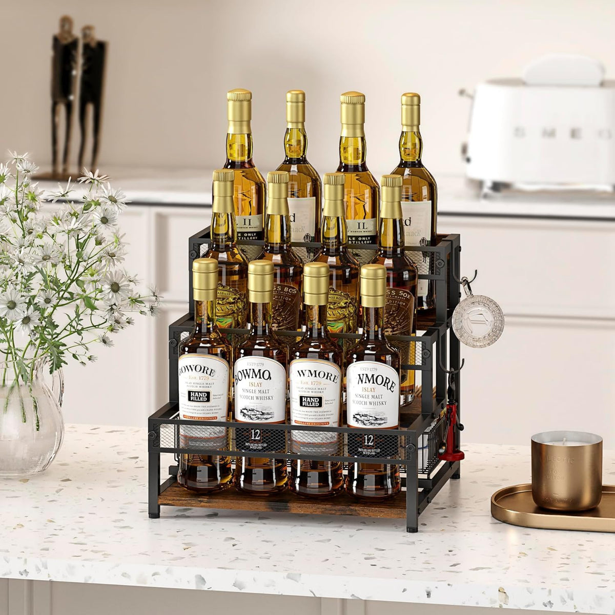 3 Tier Coffee Syrup Rack Organizer, 12 Water Bottles Holder Stand Liquor Cabinet Storage, Wine Rack Countertop Storage Rack Coffee Bar Cabinet for Kitchen