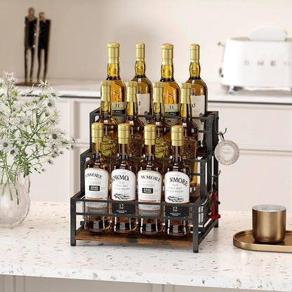 3 Tier Coffee Syrup Rack Organizer, 12 Water Bottles Holder Stand Liquor Cabinet Storage, Wine Rack Countertop Storage Rack Coffee Bar Cabinet for Kitchen