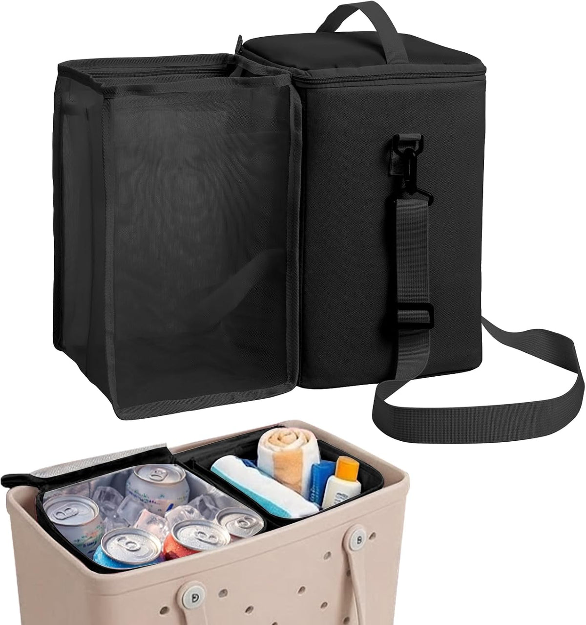 Bogg Bag Cooler Insert, 2-in-1 Insulated Cooler & Mesh Organizer for Large Bogg Bag, Leakproof PEVA Cooler Bag with Strap, Large Rubber Beach Bag Accessories for Beach, Pool, Camping & Travel