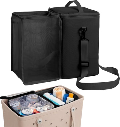 Bogg Bag Cooler Insert, 2-in-1 Insulated Cooler & Mesh Organizer for Large Bogg Bag, Leakproof PEVA Cooler Bag with Strap, Large Rubber Beach Bag Accessories for Beach, Pool, Camping & Travel