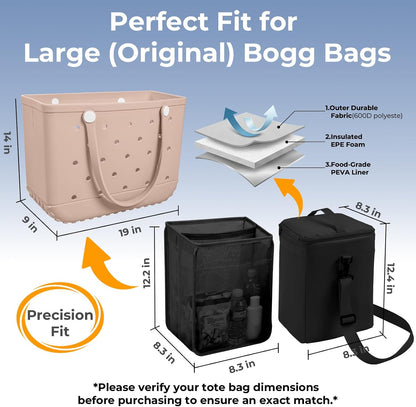 Bogg Bag Cooler Insert, 2-in-1 Insulated Cooler & Mesh Organizer for Large Bogg Bag, Leakproof PEVA Cooler Bag with Strap, Large Rubber Beach Bag Accessories for Beach, Pool, Camping & Travel