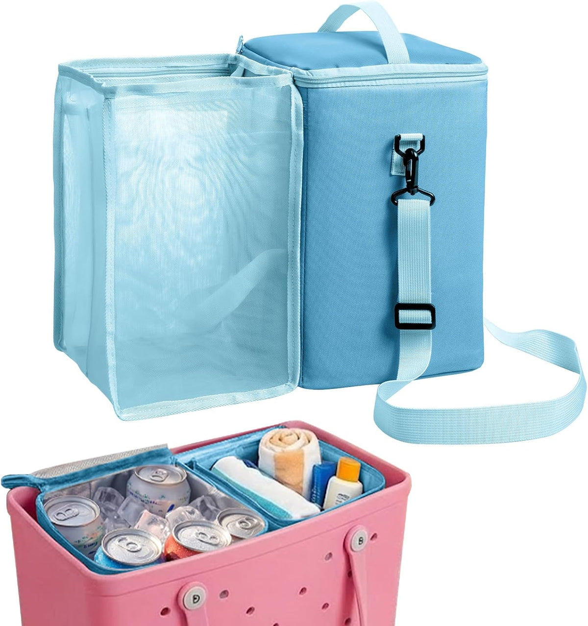 Bogg Bag Cooler Insert, 2-in-1 Insulated Cooler & Mesh Organizer for Large Bogg Bag, Leakproof PEVA Cooler Bag with Strap, Large Rubber Beach Bag Accessories for Beach, Pool, Camping & Travel