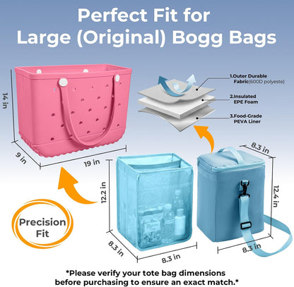 Bogg Bag Cooler Insert, 2-in-1 Insulated Cooler & Mesh Organizer for Large Bogg Bag, Leakproof PEVA Cooler Bag with Strap, Large Rubber Beach Bag Accessories for Beach, Pool, Camping & Travel