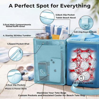 Bogg Bag Cooler Insert, 2-in-1 Insulated Cooler & Mesh Organizer for Large Bogg Bag, Leakproof PEVA Cooler Bag with Strap, Large Rubber Beach Bag Accessories for Beach, Pool, Camping & Travel