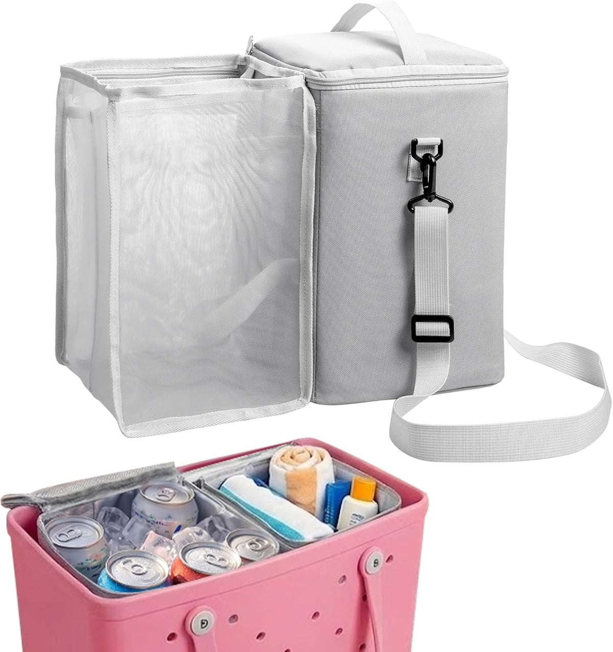 Bogg Bag Cooler Insert, 2-in-1 Insulated Cooler & Mesh Organizer for Large Bogg Bag, Leakproof PEVA Cooler Bag with Strap, Large Rubber Beach Bag Accessories for Beach, Pool, Camping & Travel
