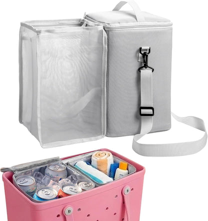 Bogg Bag Cooler Insert, 2-in-1 Insulated Cooler & Mesh Organizer for Large Bogg Bag, Leakproof PEVA Cooler Bag with Strap, Large Rubber Beach Bag Accessories for Beach, Pool, Camping & Travel