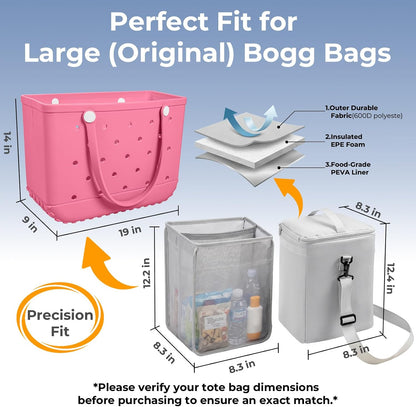 Bogg Bag Cooler Insert, 2-in-1 Insulated Cooler & Mesh Organizer for Large Bogg Bag, Leakproof PEVA Cooler Bag with Strap, Large Rubber Beach Bag Accessories for Beach, Pool, Camping & Travel