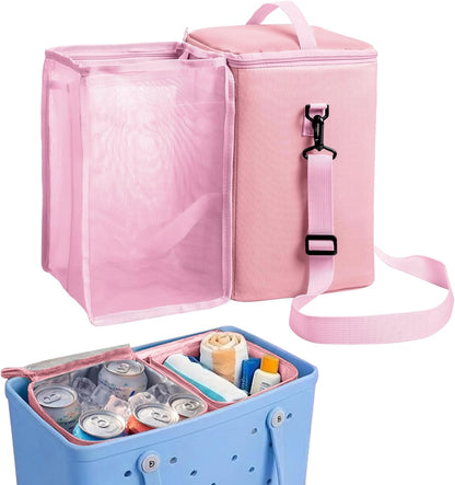 Bogg Bag Cooler Insert, 2-in-1 Insulated Cooler & Mesh Organizer for Large Bogg Bag, Leakproof PEVA Cooler Bag with Strap, Large Rubber Beach Bag Accessories for Beach, Pool, Camping & Travel