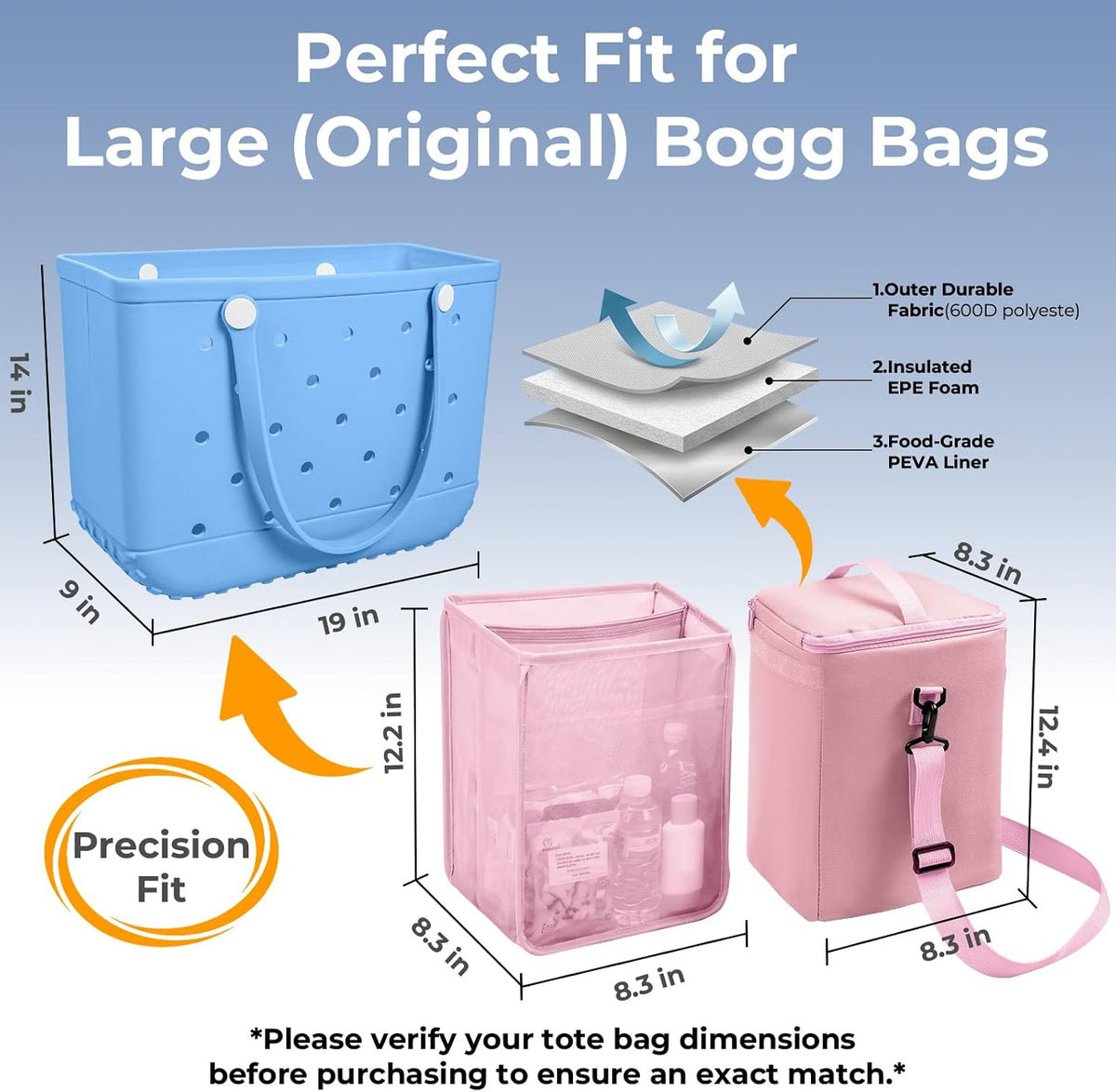 Bogg Bag Cooler Insert, 2-in-1 Insulated Cooler & Mesh Organizer for Large Bogg Bag, Leakproof PEVA Cooler Bag with Strap, Large Rubber Beach Bag Accessories for Beach, Pool, Camping & Travel