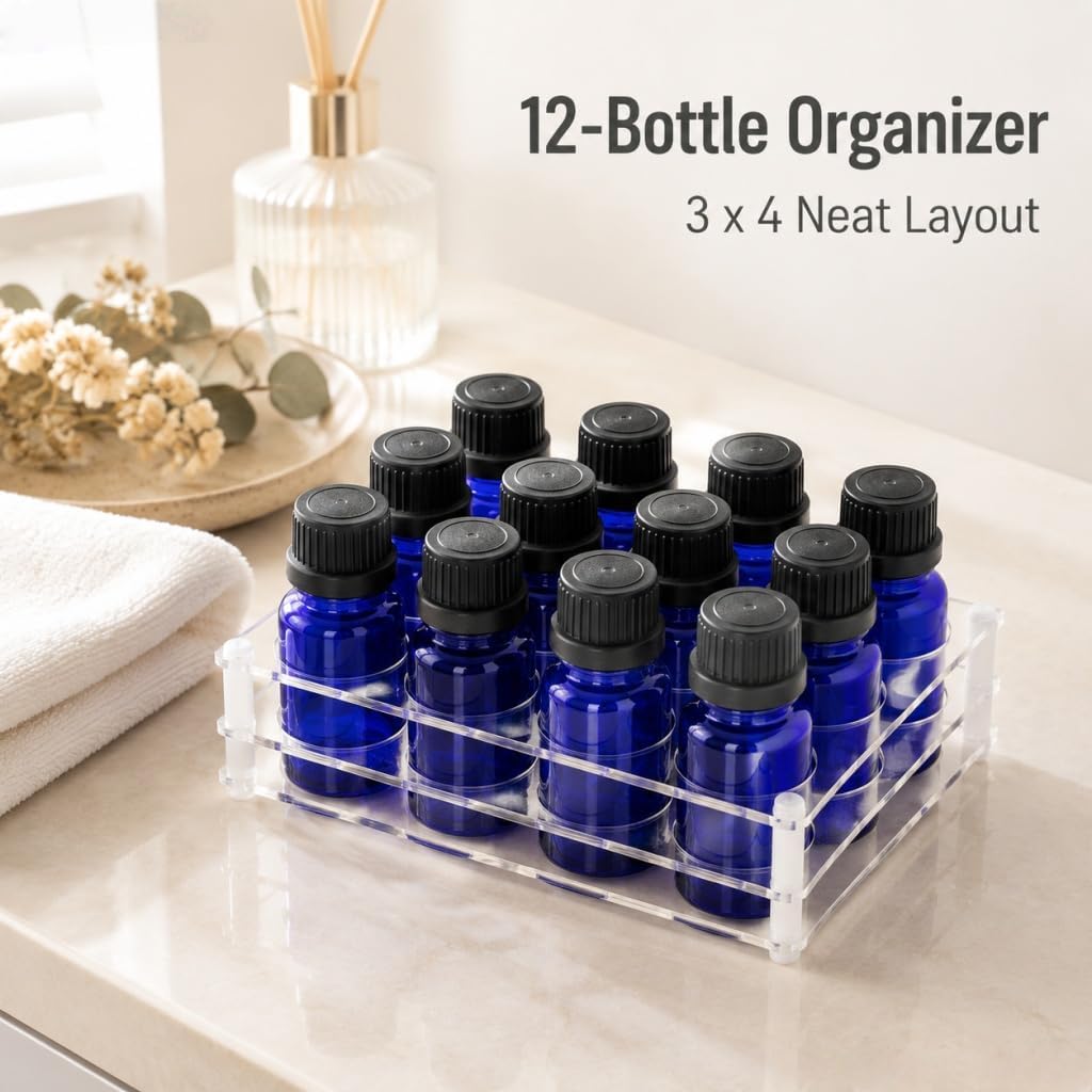 2 Pack 12 Hole 3×4 Acrylic Roller Bottle Organizer, Crystal Clear Essential Oil Holder, DIY Easy Assembly, 3mm Thick, Space Saving for Bathroom Vanity & Bedroom Dresser, Fits 10ml Roller Bottles
