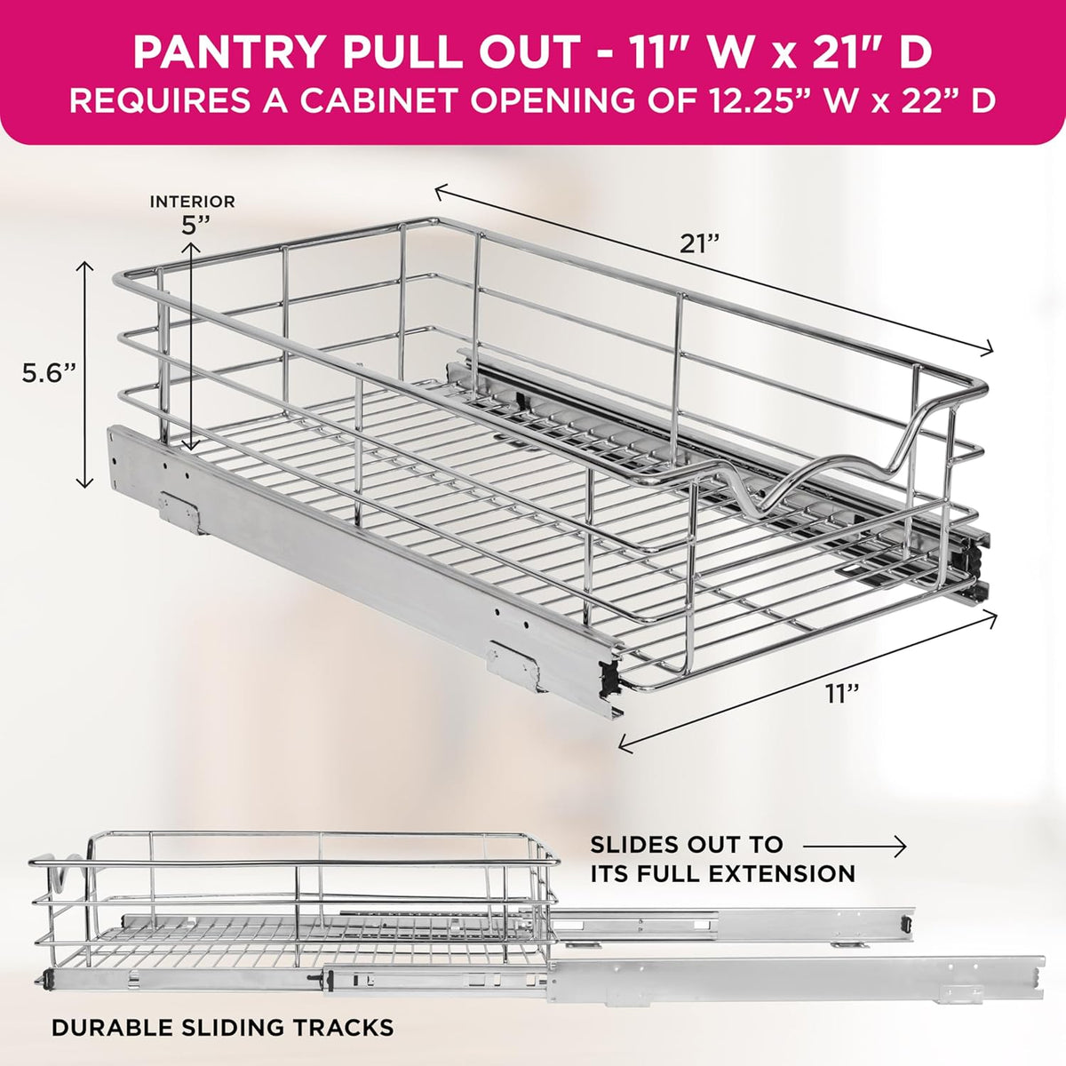 Pull Out Cabinet Organizer, Pantry Drawer, 30"W x 21"D x 5"H | Heavy-Duty Full-Extension, Roll Out Shelf for Pots, Pans & Under Sink Storage, Chrome, Require a 30.25"W Cabinet Opening