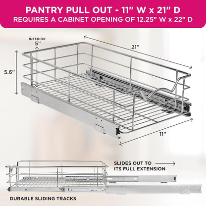 Pull Out Cabinet Organizer, Pantry Drawer, 30"W x 21"D x 5"H | Heavy-Duty Full-Extension, Roll Out Shelf for Pots, Pans & Under Sink Storage, Chrome, Require a 30.25"W Cabinet Opening