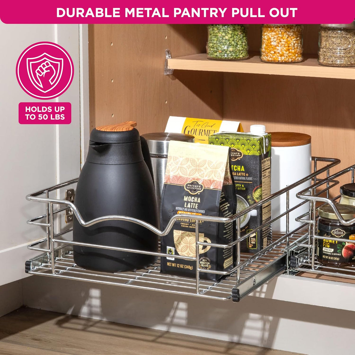 Pull Out Cabinet Organizer, Pantry Drawer, 30"W x 21"D x 5"H | Heavy-Duty Full-Extension, Roll Out Shelf for Pots, Pans & Under Sink Storage, Chrome, Require a 30.25"W Cabinet Opening