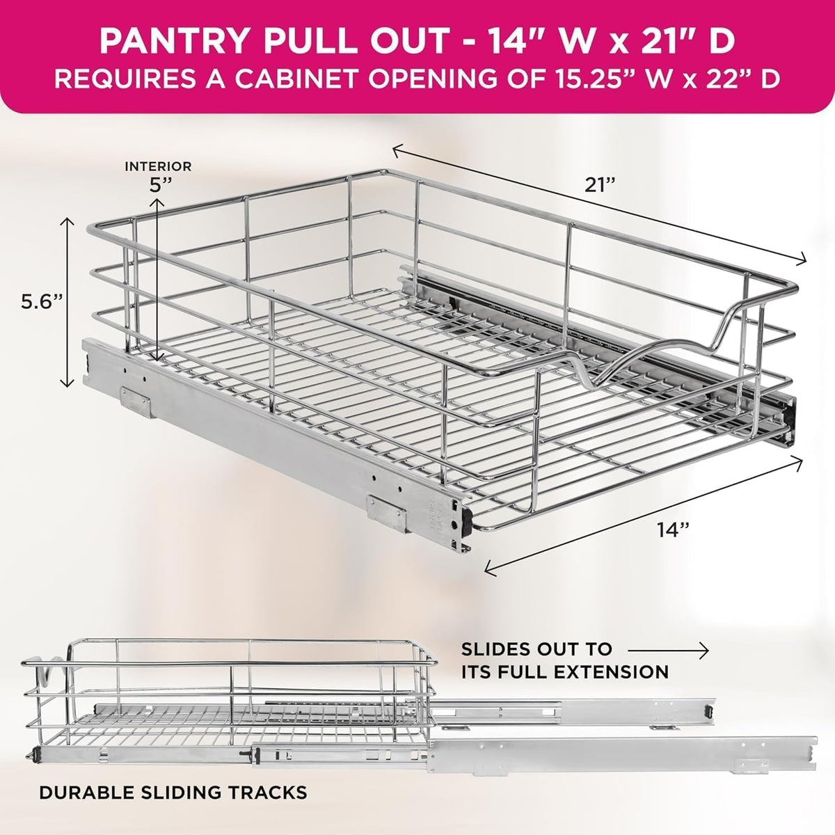 Pull Out Cabinet Organizer, Pantry Drawer, 30"W x 21"D x 5"H | Heavy-Duty Full-Extension, Roll Out Shelf for Pots, Pans & Under Sink Storage, Chrome, Require a 30.25"W Cabinet Opening