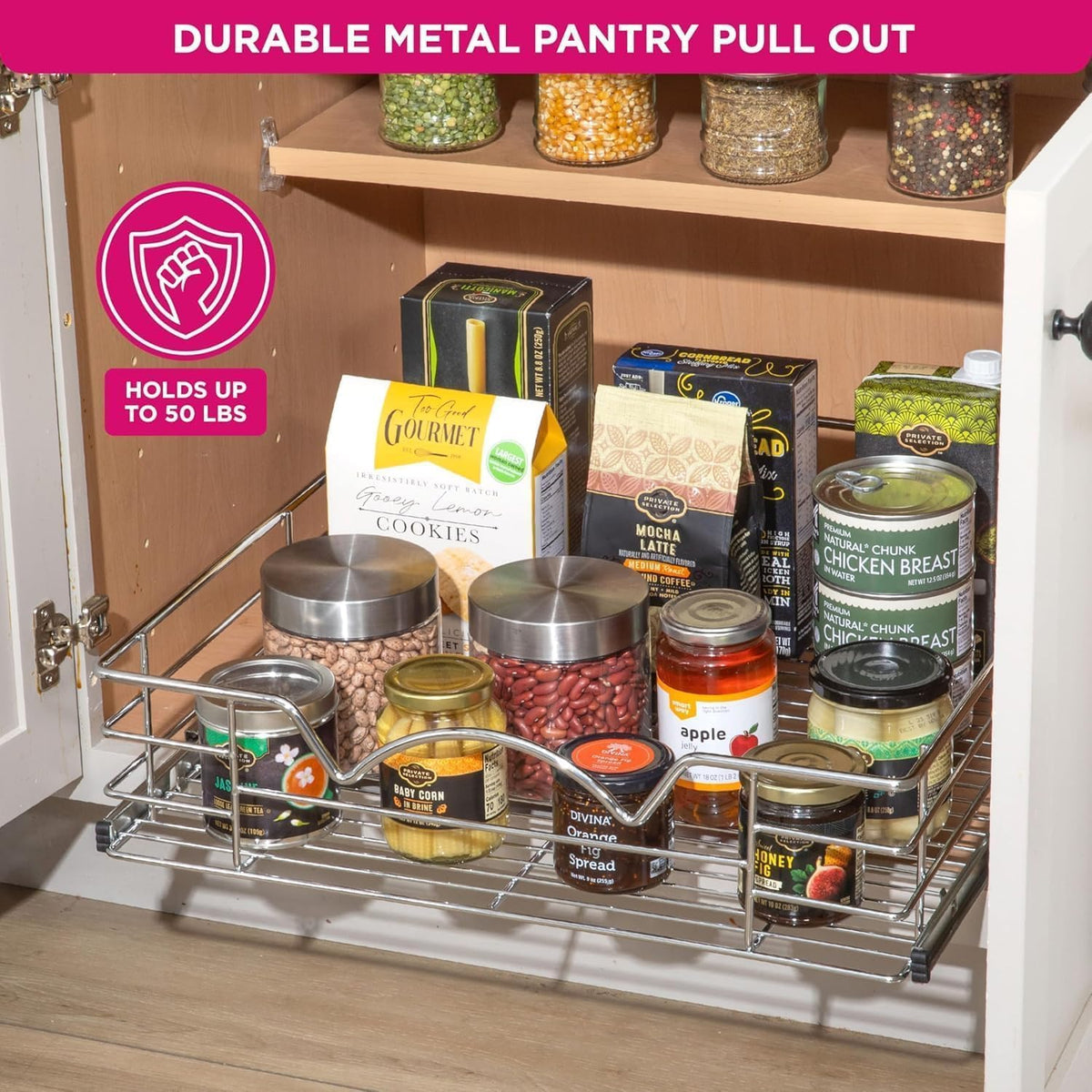 Pull Out Cabinet Organizer, Pantry Drawer, 30"W x 21"D x 5"H | Heavy-Duty Full-Extension, Roll Out Shelf for Pots, Pans & Under Sink Storage, Chrome, Require a 30.25"W Cabinet Opening