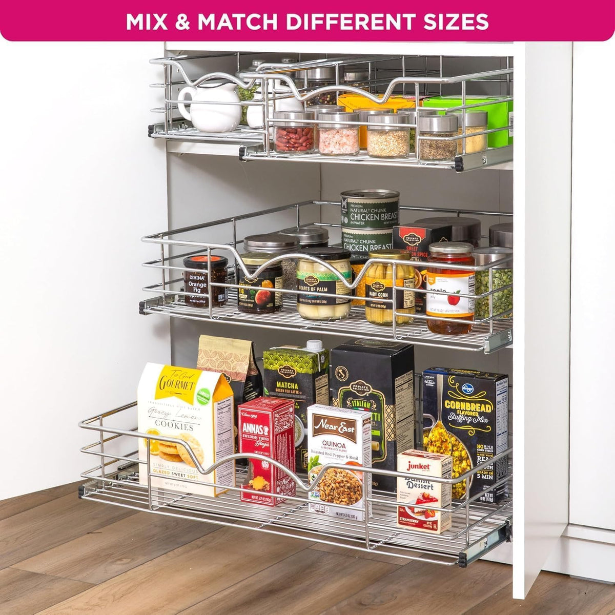 Pull Out Cabinet Organizer, Pantry Drawer, 30"W x 21"D x 5"H | Heavy-Duty Full-Extension, Roll Out Shelf for Pots, Pans & Under Sink Storage, Chrome, Require a 30.25"W Cabinet Opening