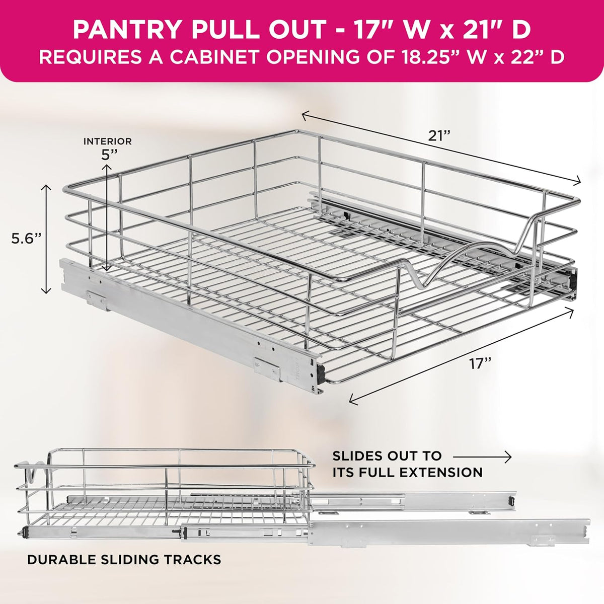 Pull Out Cabinet Organizer, Pantry Drawer, 30"W x 21"D x 5"H | Heavy-Duty Full-Extension, Roll Out Shelf for Pots, Pans & Under Sink Storage, Chrome, Require a 30.25"W Cabinet Opening