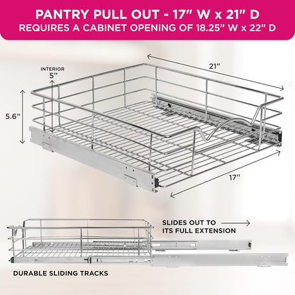 Pull Out Cabinet Organizer, Pantry Drawer, 30"W x 21"D x 5"H | Heavy-Duty Full-Extension, Roll Out Shelf for Pots, Pans & Under Sink Storage, Chrome, Require a 30.25"W Cabinet Opening