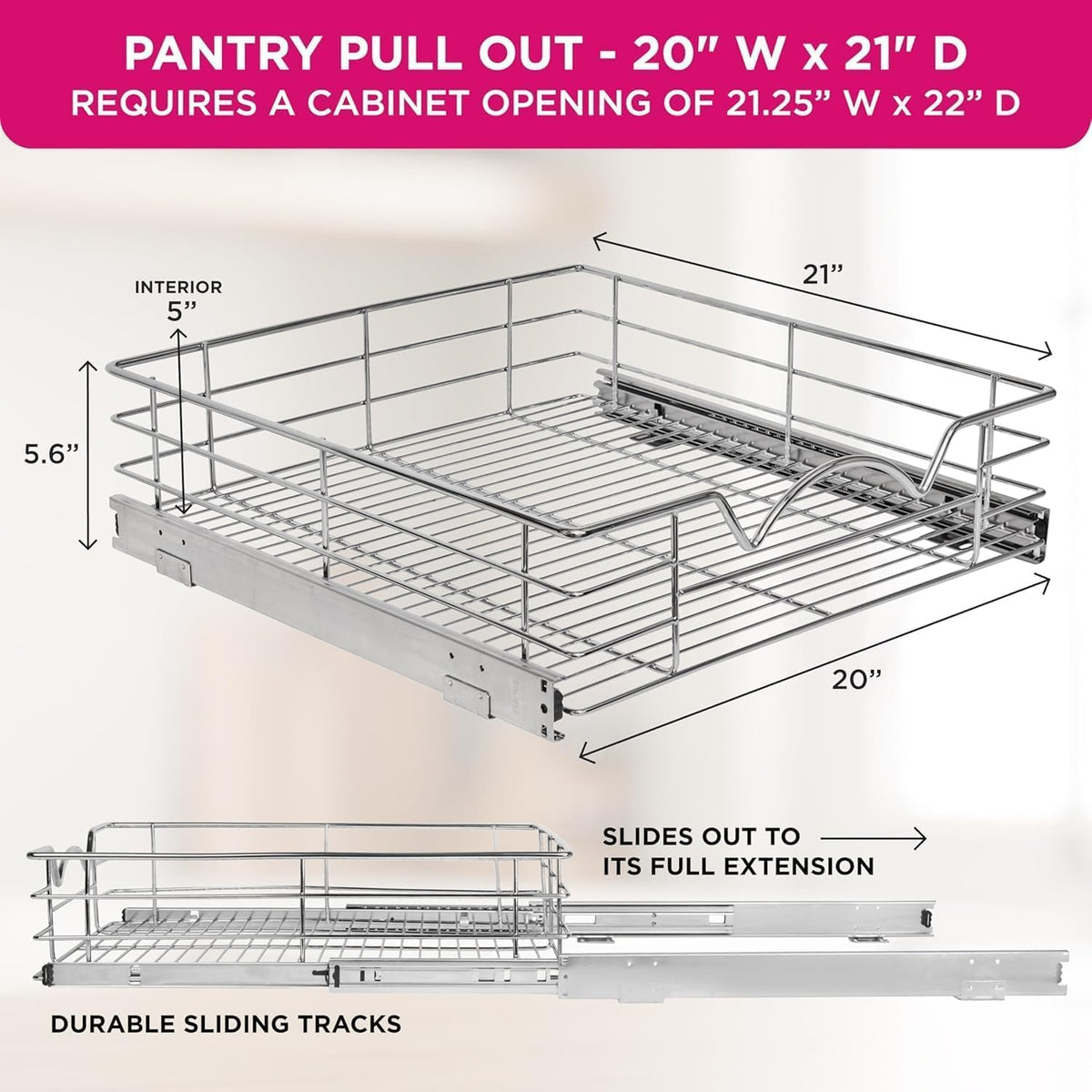 Pull Out Cabinet Organizer, Pantry Drawer, 30"W x 21"D x 5"H | Heavy-Duty Full-Extension, Roll Out Shelf for Pots, Pans & Under Sink Storage, Chrome, Require a 30.25"W Cabinet Opening