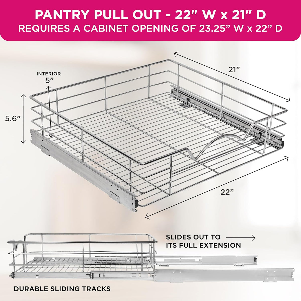Pull Out Cabinet Organizer, Pantry Drawer, 30"W x 21"D x 5"H | Heavy-Duty Full-Extension, Roll Out Shelf for Pots, Pans & Under Sink Storage, Chrome, Require a 30.25"W Cabinet Opening