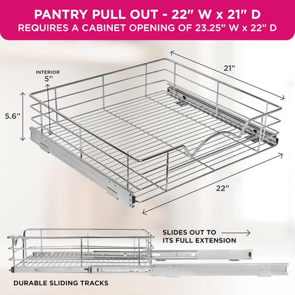 Pull Out Cabinet Organizer, Pantry Drawer, 30"W x 21"D x 5"H | Heavy-Duty Full-Extension, Roll Out Shelf for Pots, Pans & Under Sink Storage, Chrome, Require a 30.25"W Cabinet Opening