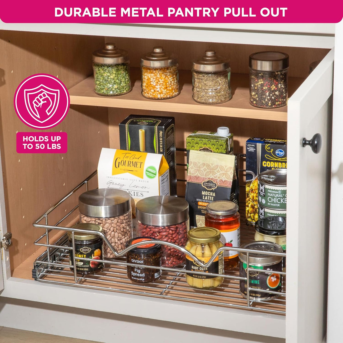 Pull Out Cabinet Organizer, Pantry Drawer, 30"W x 21"D x 5"H | Heavy-Duty Full-Extension, Roll Out Shelf for Pots, Pans & Under Sink Storage, Chrome, Require a 30.25"W Cabinet Opening