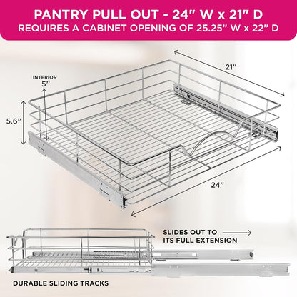 Pull Out Cabinet Organizer, Pantry Drawer, 30"W x 21"D x 5"H | Heavy-Duty Full-Extension, Roll Out Shelf for Pots, Pans & Under Sink Storage, Chrome, Require a 30.25"W Cabinet Opening