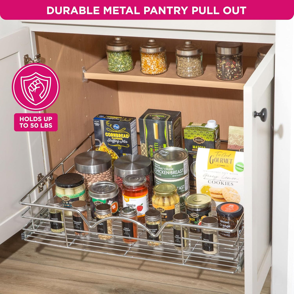 Pull Out Cabinet Organizer, Pantry Drawer, 30"W x 21"D x 5"H | Heavy-Duty Full-Extension, Roll Out Shelf for Pots, Pans & Under Sink Storage, Chrome, Require a 30.25"W Cabinet Opening