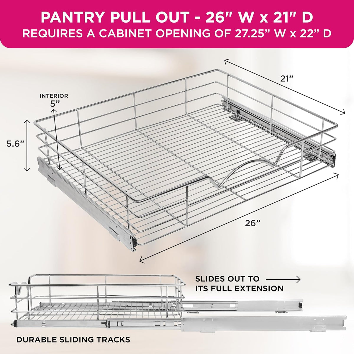 Pull Out Cabinet Organizer, Pantry Drawer, 30"W x 21"D x 5"H | Heavy-Duty Full-Extension, Roll Out Shelf for Pots, Pans & Under Sink Storage, Chrome, Require a 30.25"W Cabinet Opening