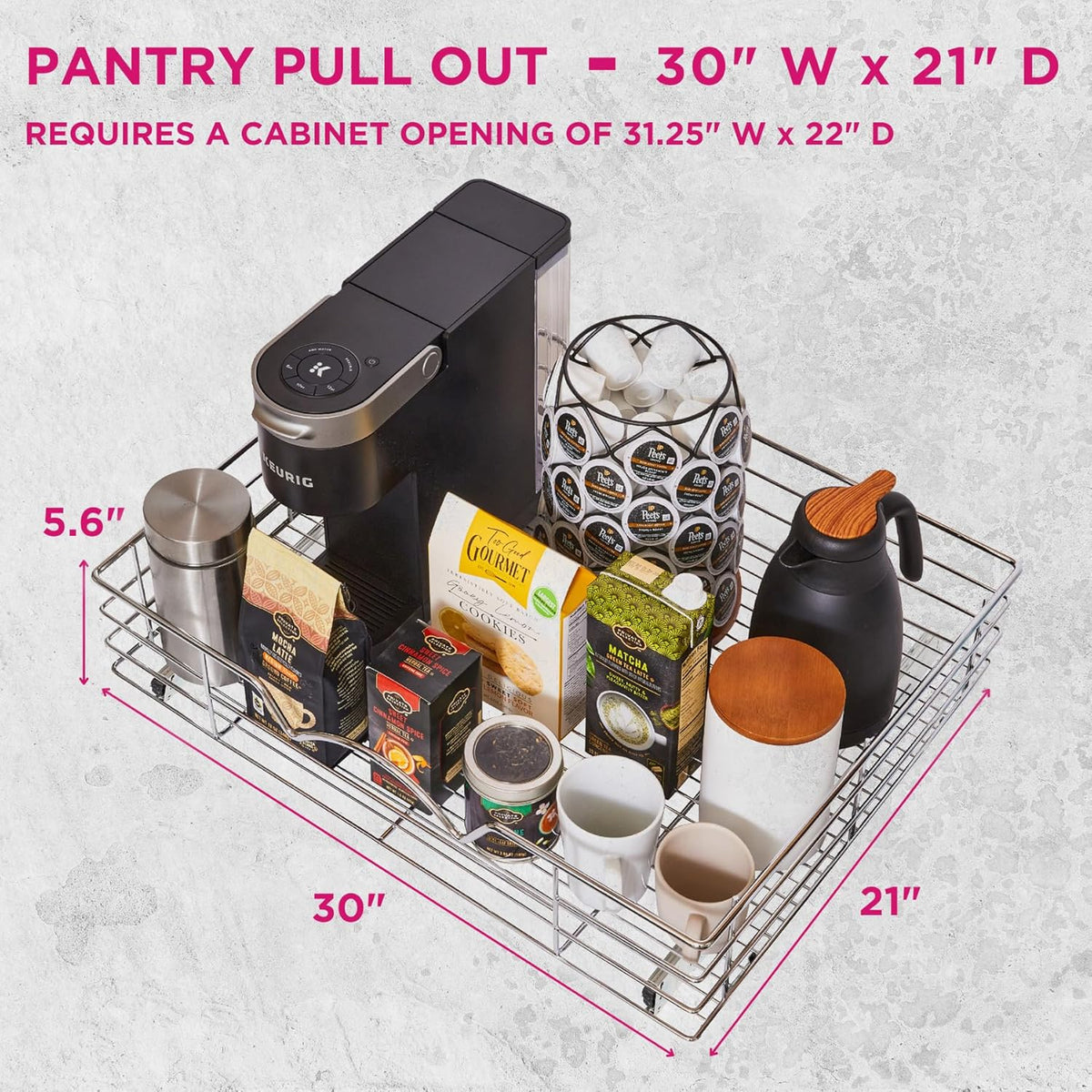 Pull Out Cabinet Organizer, Pantry Drawer, 30"W x 21"D x 5"H | Heavy-Duty Full-Extension, Roll Out Shelf for Pots, Pans & Under Sink Storage, Chrome, Require a 30.25"W Cabinet Opening