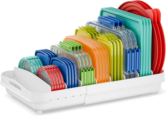 Expandable Food Container Lid Organizer for Cabinet, Fits 12-Inch Deep or Deeper Cabinets , Adjustable 13.4" to 20.5", 8 Adjustable Dividers for lids , Drawer, Pantry and Kitchen Storage