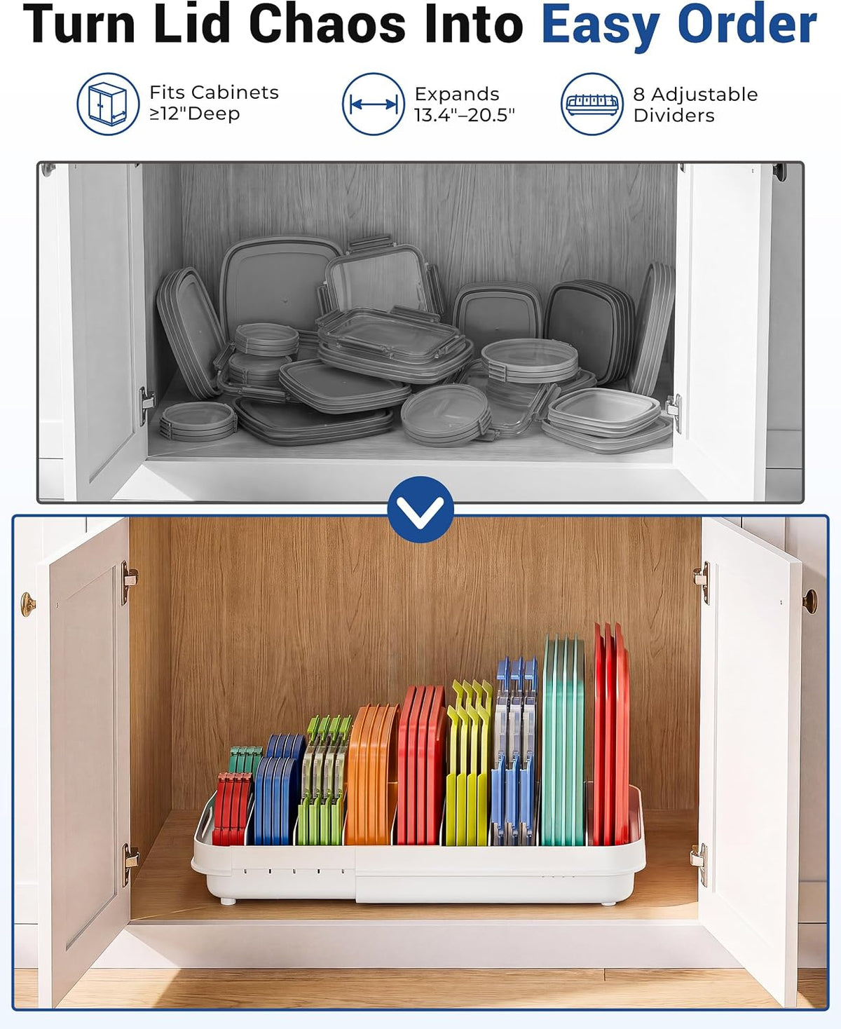 Expandable Food Container Lid Organizer for Cabinet, Fits 12-Inch Deep or Deeper Cabinets , Adjustable 13.4" to 20.5", 8 Adjustable Dividers for lids , Drawer, Pantry and Kitchen Storage