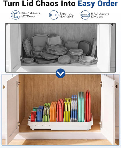 Expandable Food Container Lid Organizer for Cabinet, Fits 12-Inch Deep or Deeper Cabinets , Adjustable 13.4" to 20.5", 8 Adjustable Dividers for lids , Drawer, Pantry and Kitchen Storage