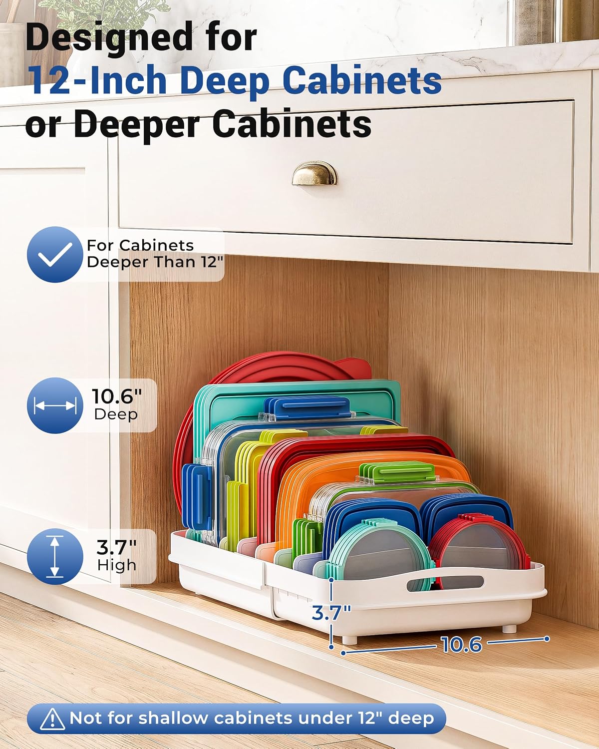 Expandable Food Container Lid Organizer for Cabinet, Fits 12-Inch Deep or Deeper Cabinets , Adjustable 13.4" to 20.5", 8 Adjustable Dividers for lids , Drawer, Pantry and Kitchen Storage