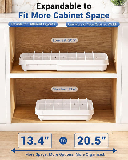 Expandable Food Container Lid Organizer for Cabinet, Fits 12-Inch Deep or Deeper Cabinets , Adjustable 13.4" to 20.5", 8 Adjustable Dividers for lids , Drawer, Pantry and Kitchen Storage