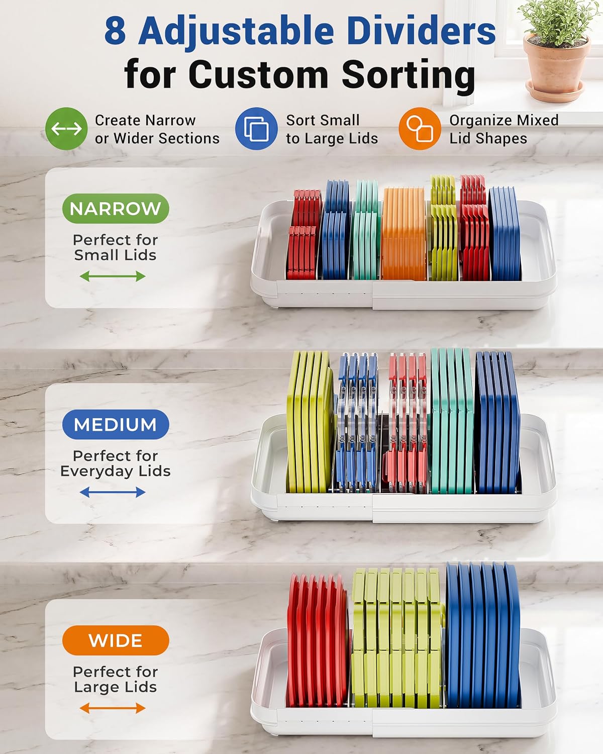 Expandable Food Container Lid Organizer for Cabinet, Fits 12-Inch Deep or Deeper Cabinets , Adjustable 13.4" to 20.5", 8 Adjustable Dividers for lids , Drawer, Pantry and Kitchen Storage