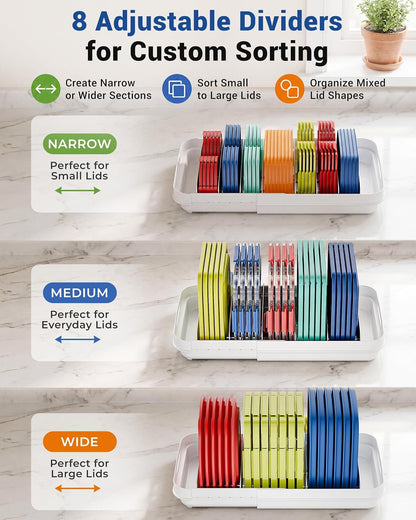 Expandable Food Container Lid Organizer for Cabinet, Fits 12-Inch Deep or Deeper Cabinets , Adjustable 13.4" to 20.5", 8 Adjustable Dividers for lids , Drawer, Pantry and Kitchen Storage