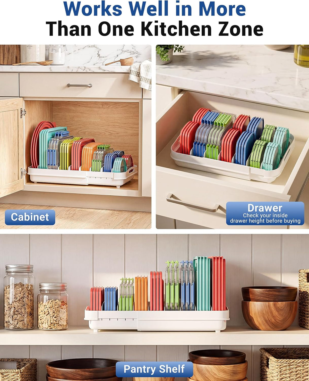 Expandable Food Container Lid Organizer for Cabinet, Fits 12-Inch Deep or Deeper Cabinets , Adjustable 13.4" to 20.5", 8 Adjustable Dividers for lids , Drawer, Pantry and Kitchen Storage