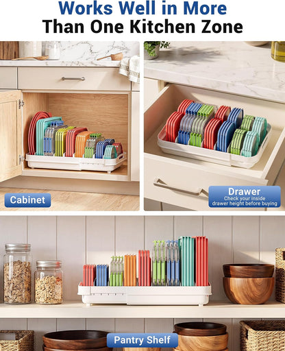 Expandable Food Container Lid Organizer for Cabinet, Fits 12-Inch Deep or Deeper Cabinets , Adjustable 13.4" to 20.5", 8 Adjustable Dividers for lids , Drawer, Pantry and Kitchen Storage