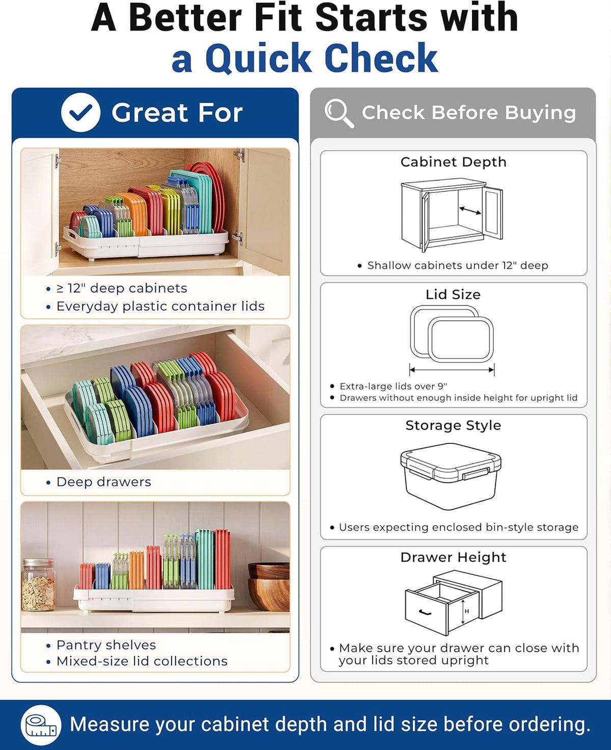 Expandable Food Container Lid Organizer for Cabinet, Fits 12-Inch Deep or Deeper Cabinets , Adjustable 13.4" to 20.5", 8 Adjustable Dividers for lids , Drawer, Pantry and Kitchen Storage