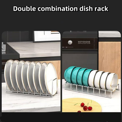 Dish Rack Plates Holder 2 Pack set, Plate organizer for cabinet space saver, Pan lid organizer, Kitchen Storage Cabinet Organizer for Plates/bowls/cups/lids/cutting boards/spatulas