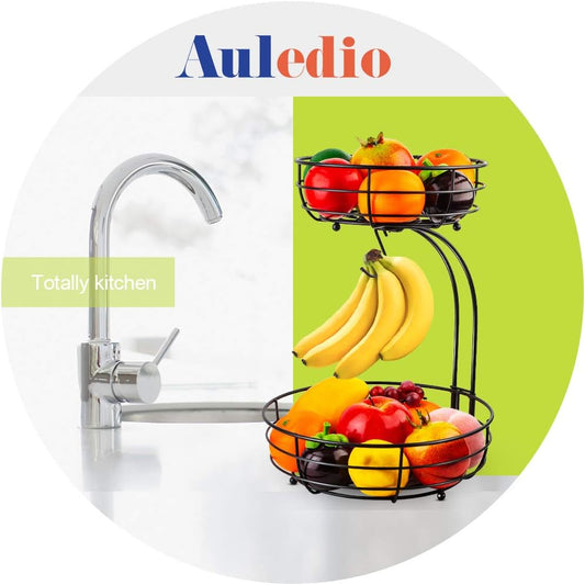 Iron 2-Tier Countertop Fruit Vegetables Basket Bowl Storage With Banana Hanger, Black, 64 ounces