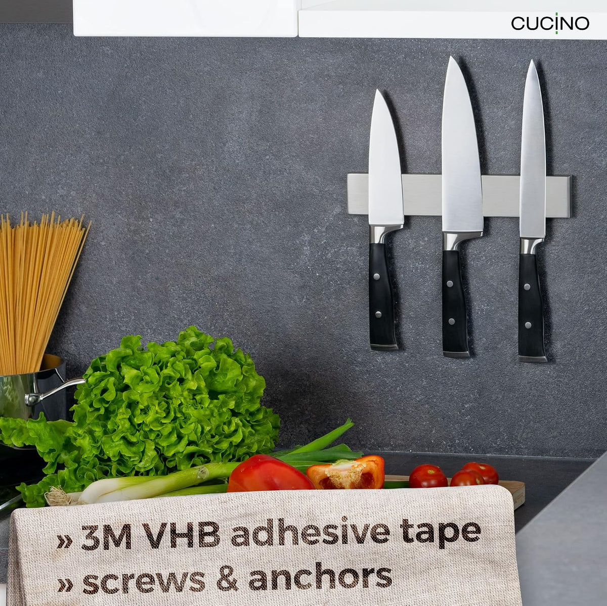 for Wall 16" - No Drilling incl. Self Adhesive Tape - Extra strong Magnet - Awarded Strip - Made of Stainless Steel