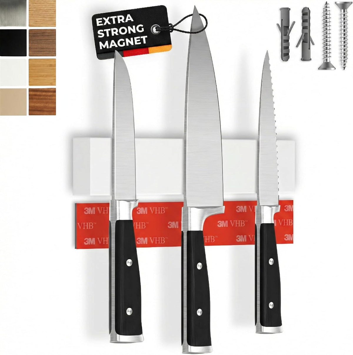 for Wall 16" - No Drilling incl. Self Adhesive Tape - Extra strong Magnet - Awarded Strip - Made of Stainless Steel