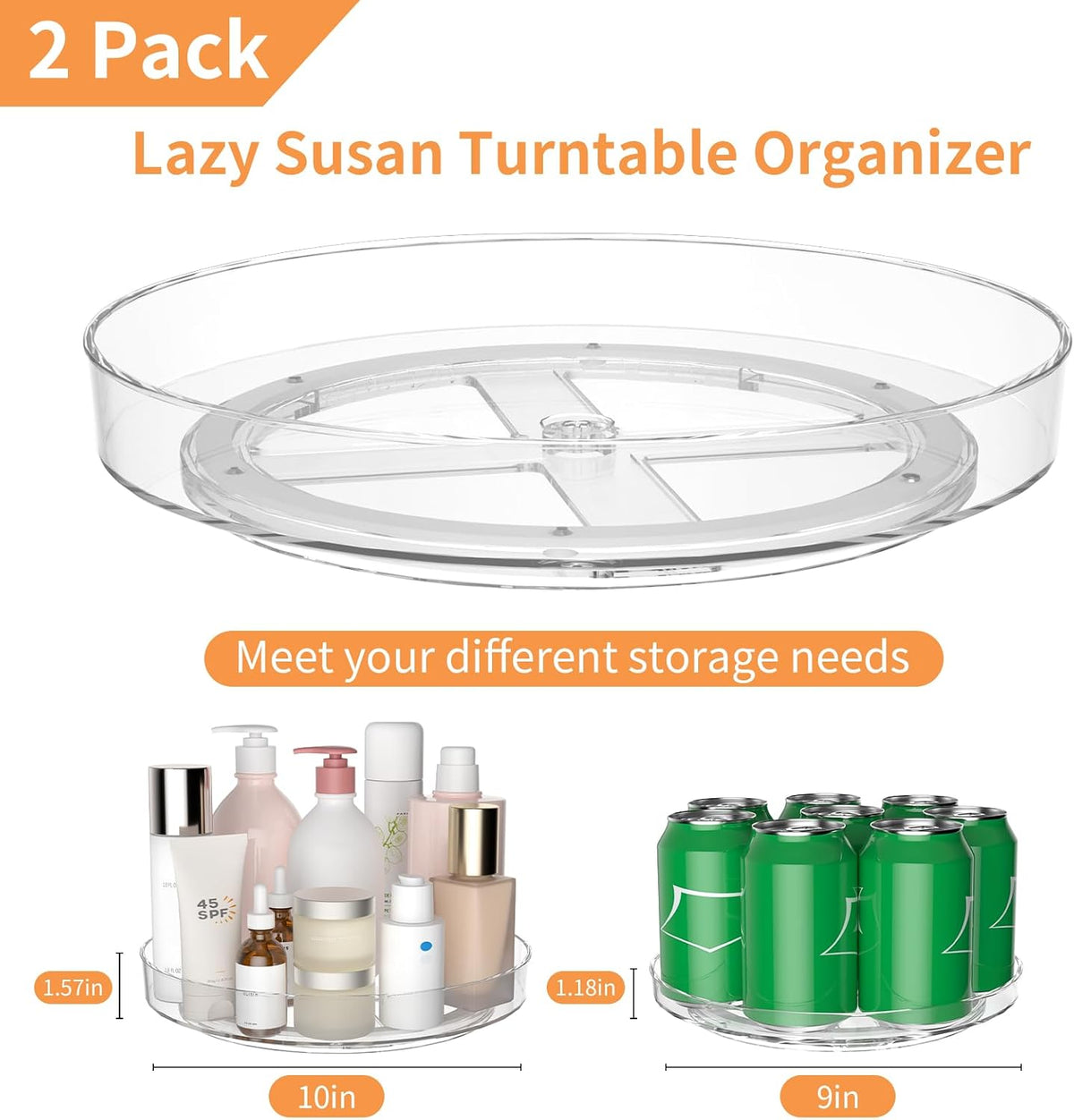 Lazy Susan Organizer Turntable, Clear 9 Inch Rotating Organizer Tray for Cabinet Table Top, Round Non-Skid Refrigerator Lazy Susan, Kitchen Storage for Pantry Countertop Bathroom, Spice Rack