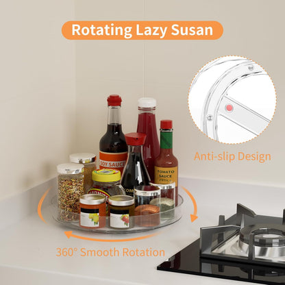 Lazy Susan Organizer Turntable, Clear 9 Inch Rotating Organizer Tray for Cabinet Table Top, Round Non-Skid Refrigerator Lazy Susan, Kitchen Storage for Pantry Countertop Bathroom, Spice Rack